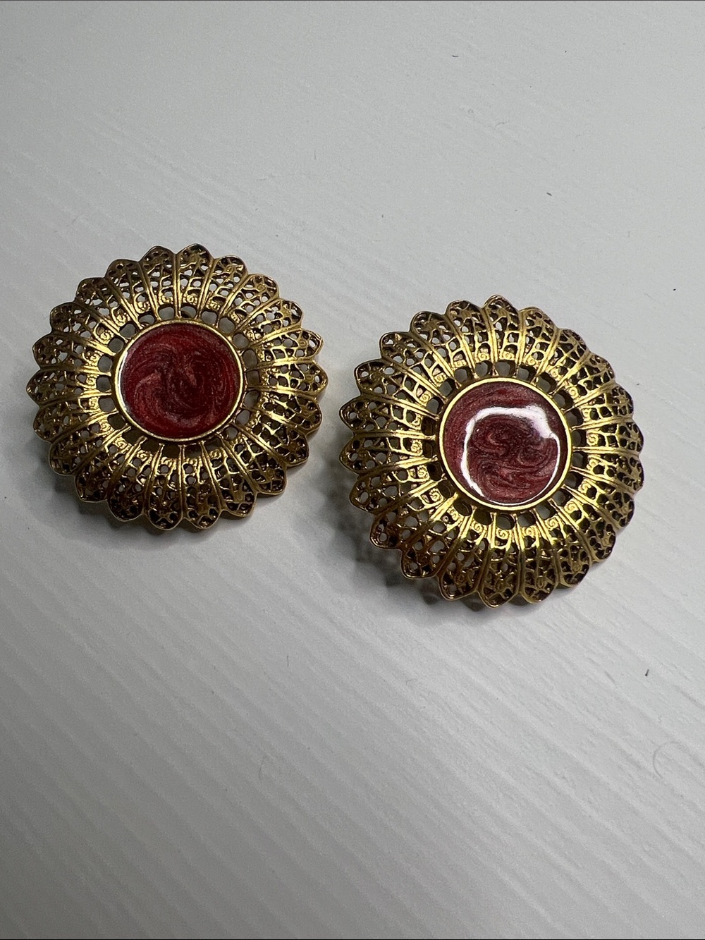 Vintage Brass Tone Enamel Shimmer Filigree Clip Earrings
